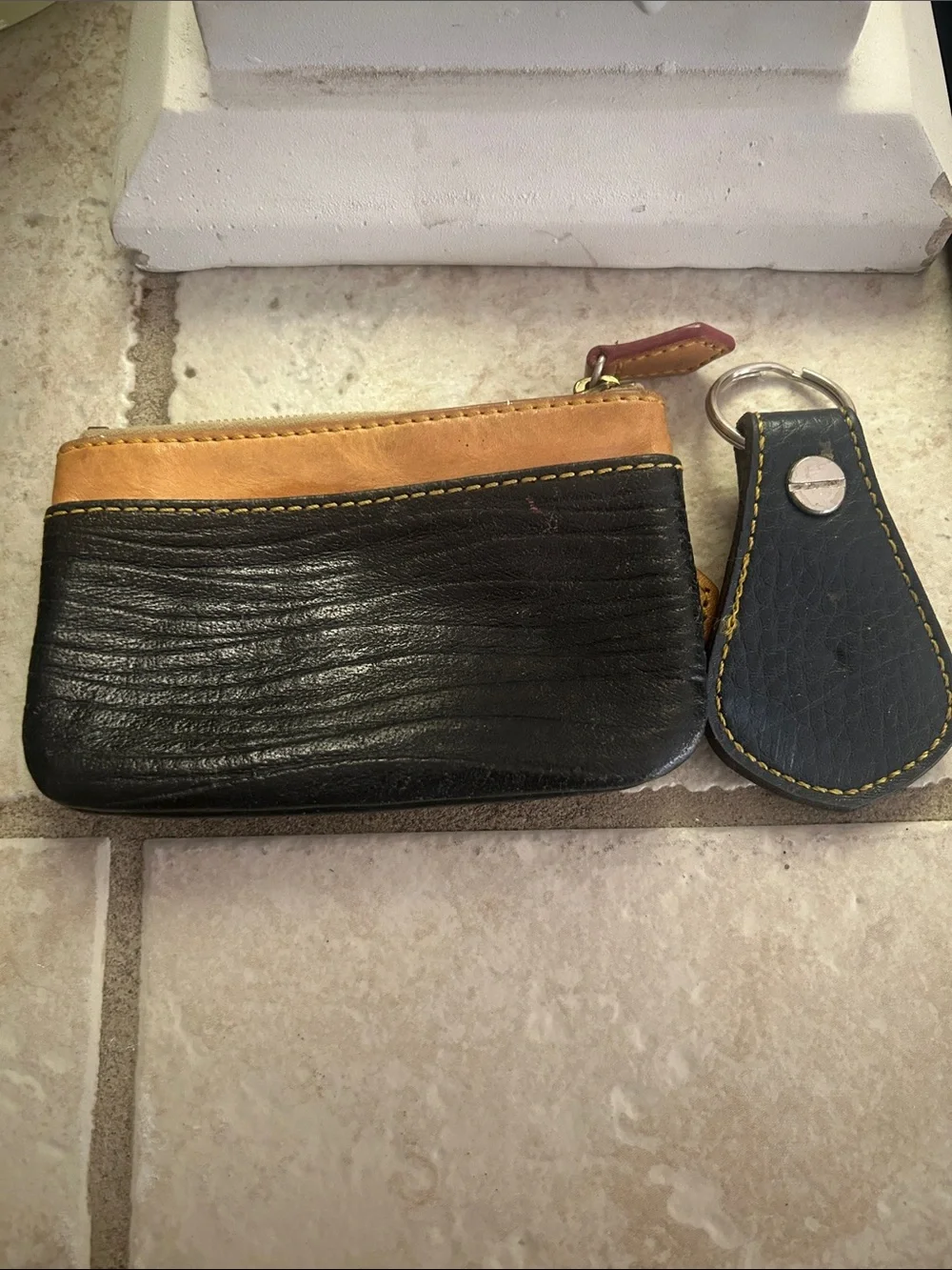 Dooney & Bourke Black and Tan Leather Coin Pouch with Key Fob